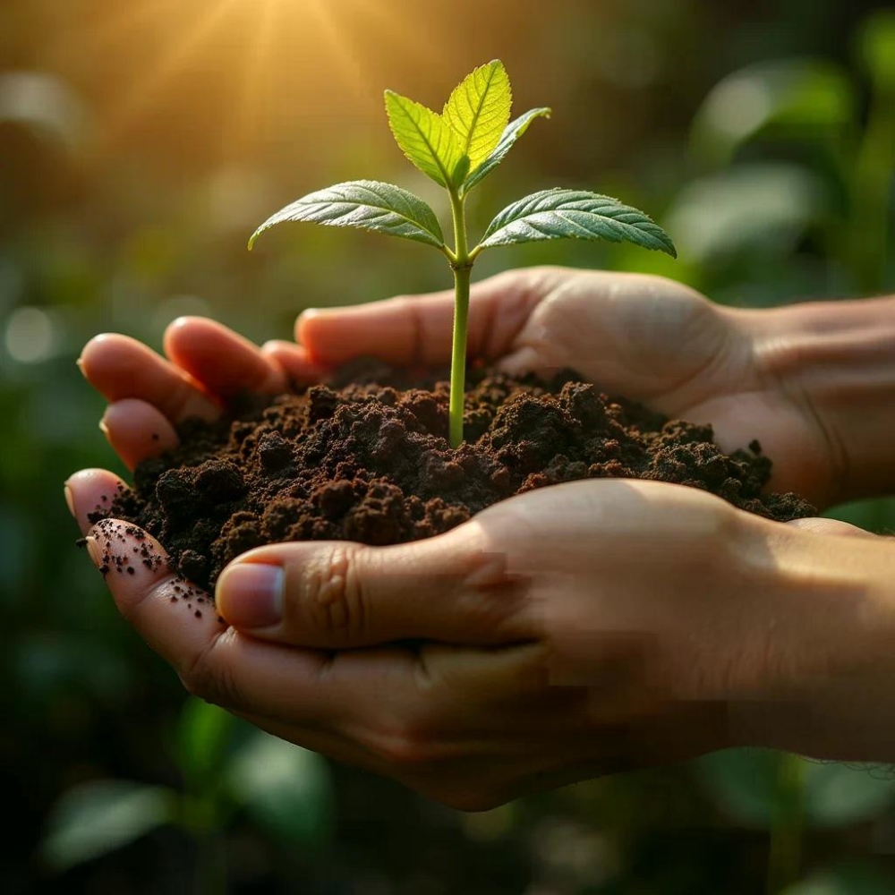 hands with soil and plant - green future